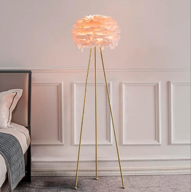 Feather Floor Lamp, Tripod Floor Lamp with Pink Feather Shade, Standing Light for Bedrooms/Dining Room/Living Room/Kitchen,Gold Classic