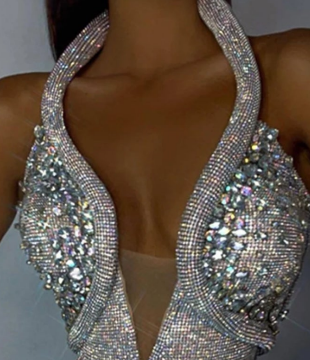 Snake-Shaped Sequin Rhinestone Halter Neck Maxi Dress-Silver COCOMONEY
