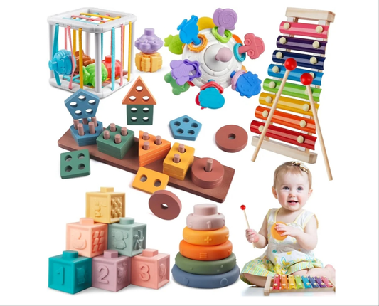 6 in 1 Montessori Baby Toys for 1 + Year Old, Infant Sensory Teething Toys for Babies 6-12 Months, Wooden Stacking Building Blocks Shape Sorter, Xylophone Musical Toy, Birthday Gift for Toddlers 1 2 3
