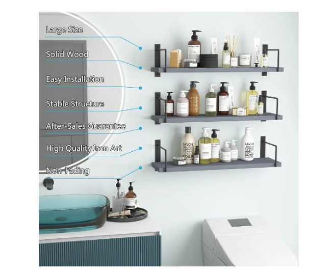 Floating Shelves, 24 Inches Easy to Install Wall Mounted Shelves, Wall Shelves Set of 3, Rustic Wood Shelves for Wall Décor, Storage Shelves for Living Room