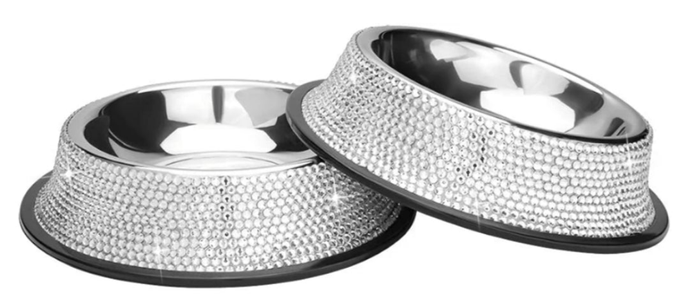 Rhinestone Pet Bowls, Bling Dog Cat Bowl Stainless Steel for Pets Food Water Dishes-2 Pack or single bowl
