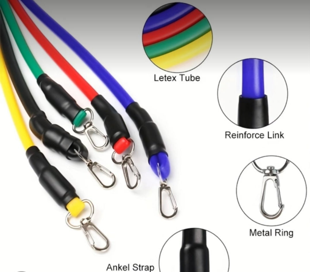 11 piece resistance bands set with door anchor handles ankle straps carry bag.