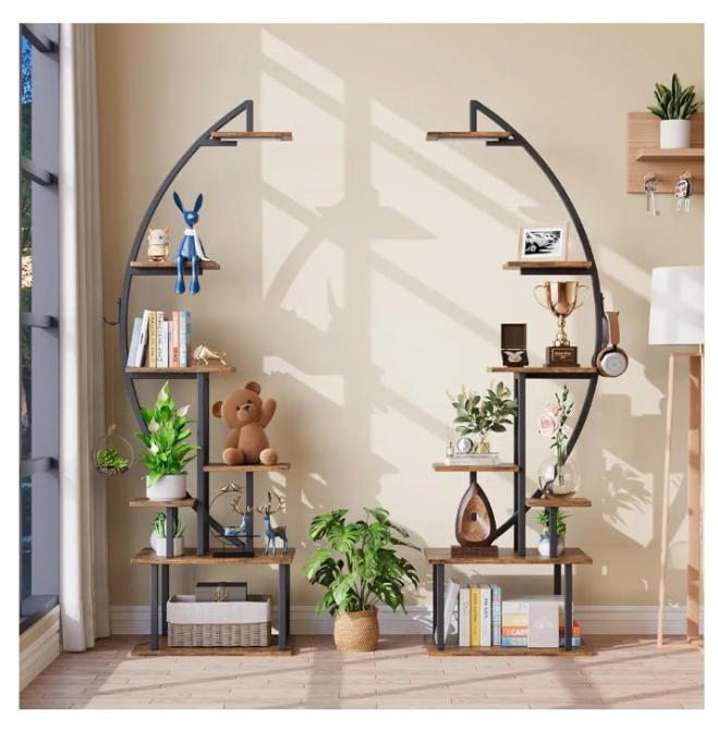 Tall Bookshelf with Lights, 2 Pack Ladder Bookcase, 7 Tier Arched Home Office Storage Book Collectibles Shelves, 64" Modern Corner Display Shelf for Bedroom Living Room Balcony, Rustic Brown
