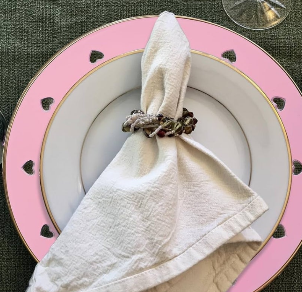 13" Round Pink Charger Plates, Heart Hollow Chargers for Dinner Plates with Golden Border, Formal Table Setting Accessory Centerpiece Bluk Wedding, Valentine's Day, Galentine's Day, Set of 6