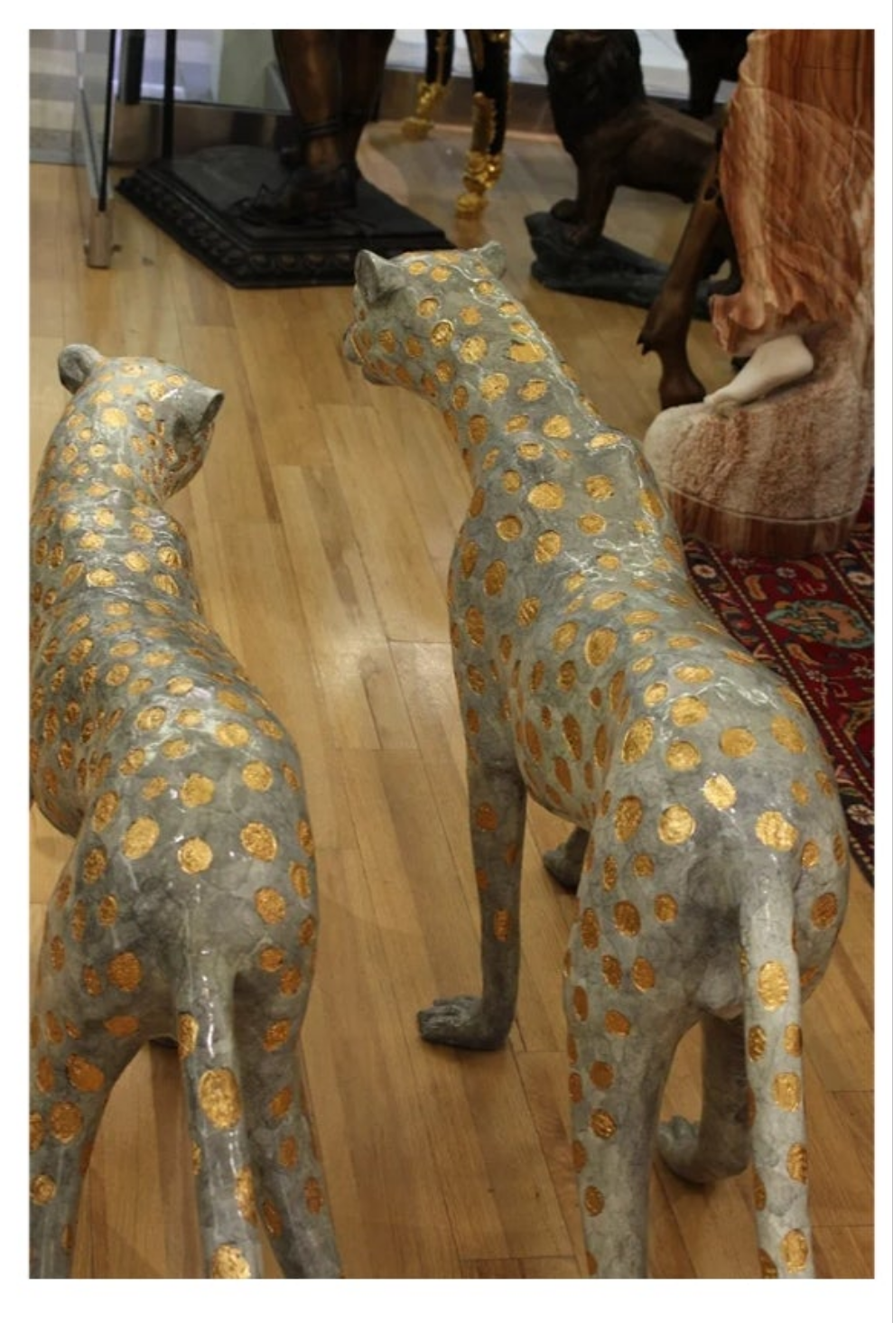 Pair of Golden-Plated Cheetahs Bronze Statue - Size: 58" L x 10" W x 31" H.