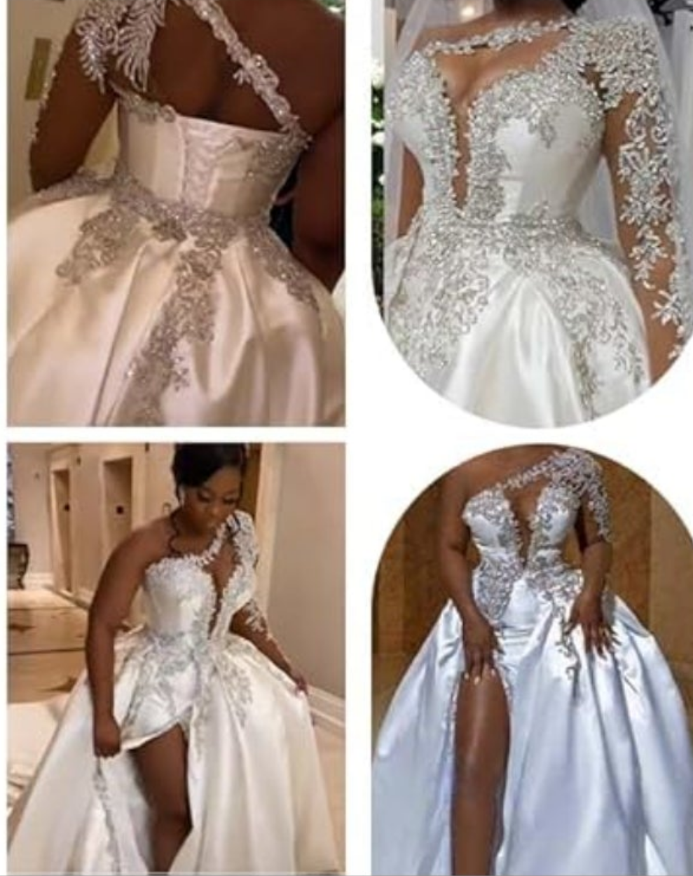 One Shoulder Satin Wedding Dresses Long Sleeve Mermaid Crystals Beaded Bridal Wedding Gowns with Slit