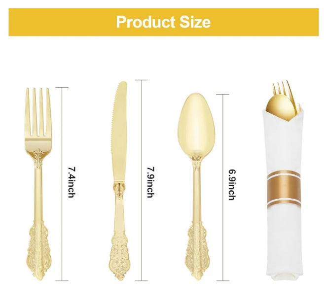 100 Pack Gold Plastic Silverware with Pre Rolled Napkins for 100 Guests, Heavyweight Gold Disposable Utensils Sets Includes 300 Plastic Cutlery, and 100 Napkins for events