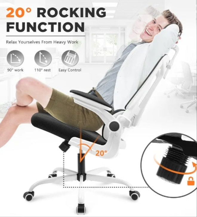 Office Chair with Lumbar Support Pillow, Ergonomic Chair with Headrest & Flip-up Arms, Mesh Office Chair Rocking Function, High Back Home Office Desk Chairs
