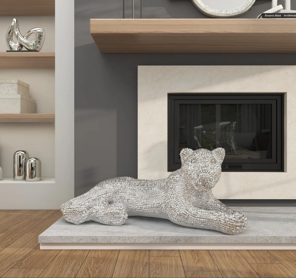 Floor Leopard Decorative Sculpture with Carved Faceted Diamond Exterior