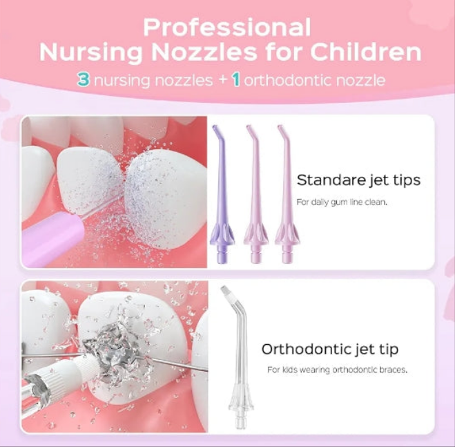 Kids Water Dental Flosser Deep Cleaning Picks, Portable , 4 Modes for Ages 6+ Safe Waterproof Newest Flosser Rechargeable with 4 Jet Tips for Gums Care F5023