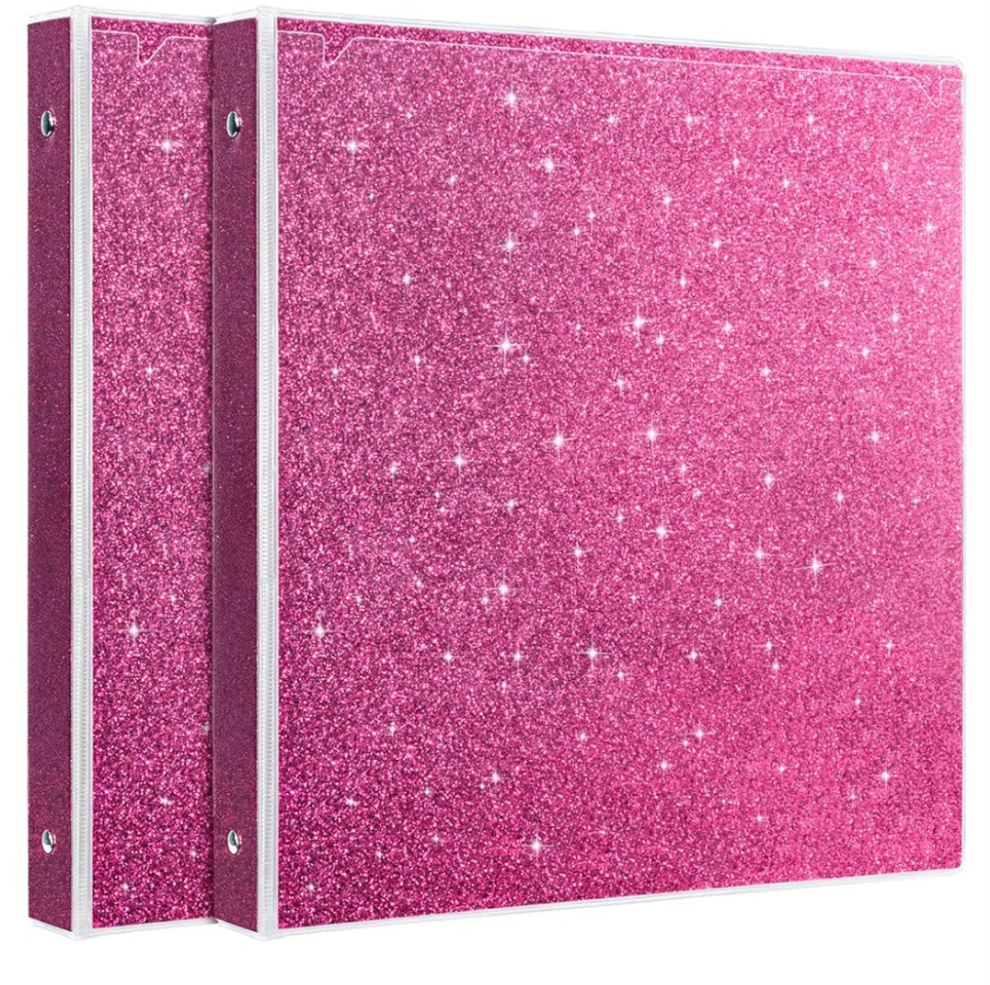 2 Pack Sparkly Pink 3 Ring Binder with 2 Inch Rings, Glitter File Folder Pockets for Office Supplies, Planner, Portfolio 350 Sheet Capacity (11 x 12 in)