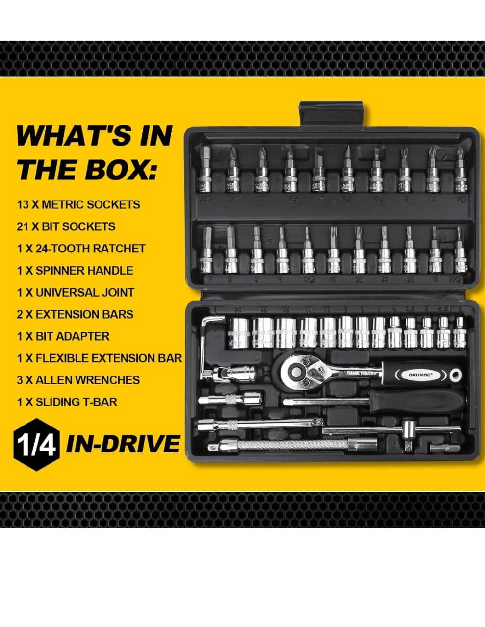 Socket Set, 46PCS 1/4 Inch Wrench Set, Ratchet Wrenches Set with CR-V Sockets Metric & Extension Bar for Automotive Repair & Home Use, Ratchet Set with Hard Storage Case