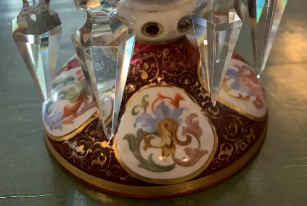 Pair of antique Moser Bohemian cranberry overlay hand painted lusters, circa 1900s cranberry glass