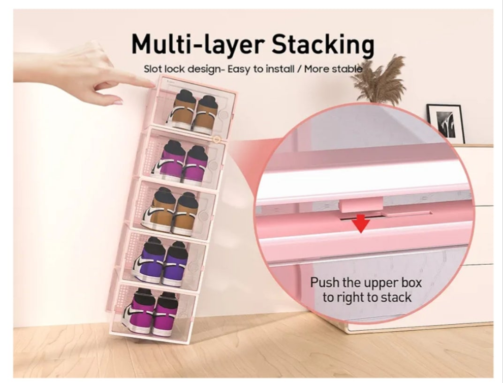 Pink X-Large Shoe Storage Boxes Organizers Clear Plastic Stackable 12 Pack, Shoe Rack & Holder Substitute, Sneaker Containers, Toy Storage Organizer Bins for Entryway, Closet, Under Bed,