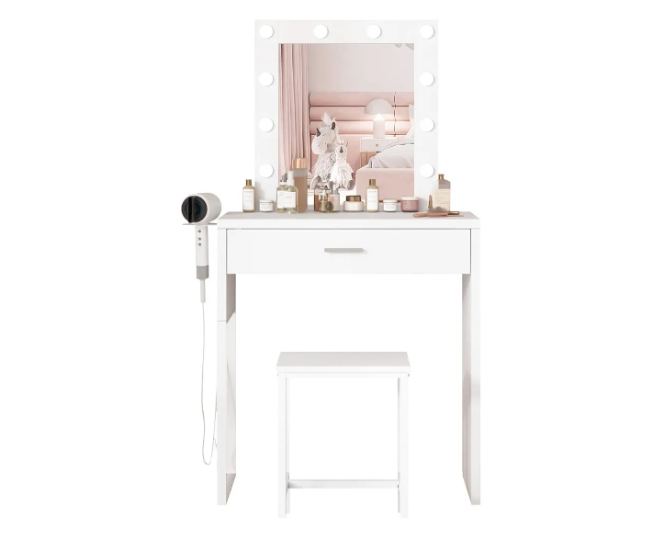 Makeup Vanity Desk with Mirror and Lights, Black Vanity Table and Chair Set, Brightness Adjustable, Small Vanity