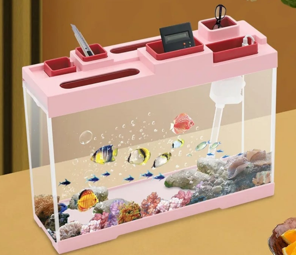 Fish Tank, 3-4L Narrow Tabletop Storage Fish Tank with DC Submersible Pump LED Light Low Noise Desktop Acrylic Aquarium for Living Room Bedroom Study Room Office