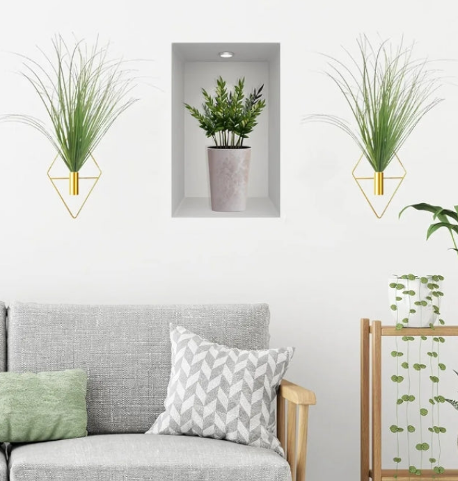 2pcs Diamond Shape Metal Hanging Vase with Artificial Shrubs Wheat Grass Greenery Indoor Plants Holder Wall Decor for Home Living Room Bedroom Office