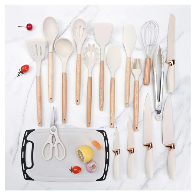 Nice 19 Piece Kitchenware Utensils and Knife Set Includes: 9 Piece Silicone Cooking Utensils- 5 Piece Sharp Stainless Steel Chef Knives- Scissors- Whisk Tongs and Cutting Board,