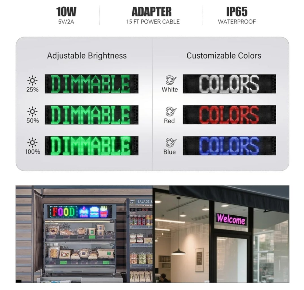 24''x5'' Programmable LED Sign with Bluetooth Control, Flexible Scrolling LED Signs for Business, Custom Text & Adjustable Brightness & IP65 Waterproof, USB 5V Digital Sign for Car Store Bar Hotel
