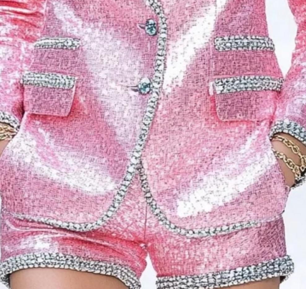 COCOMONEY Sequin Blazer Two Piece Shorts Suit-Pink