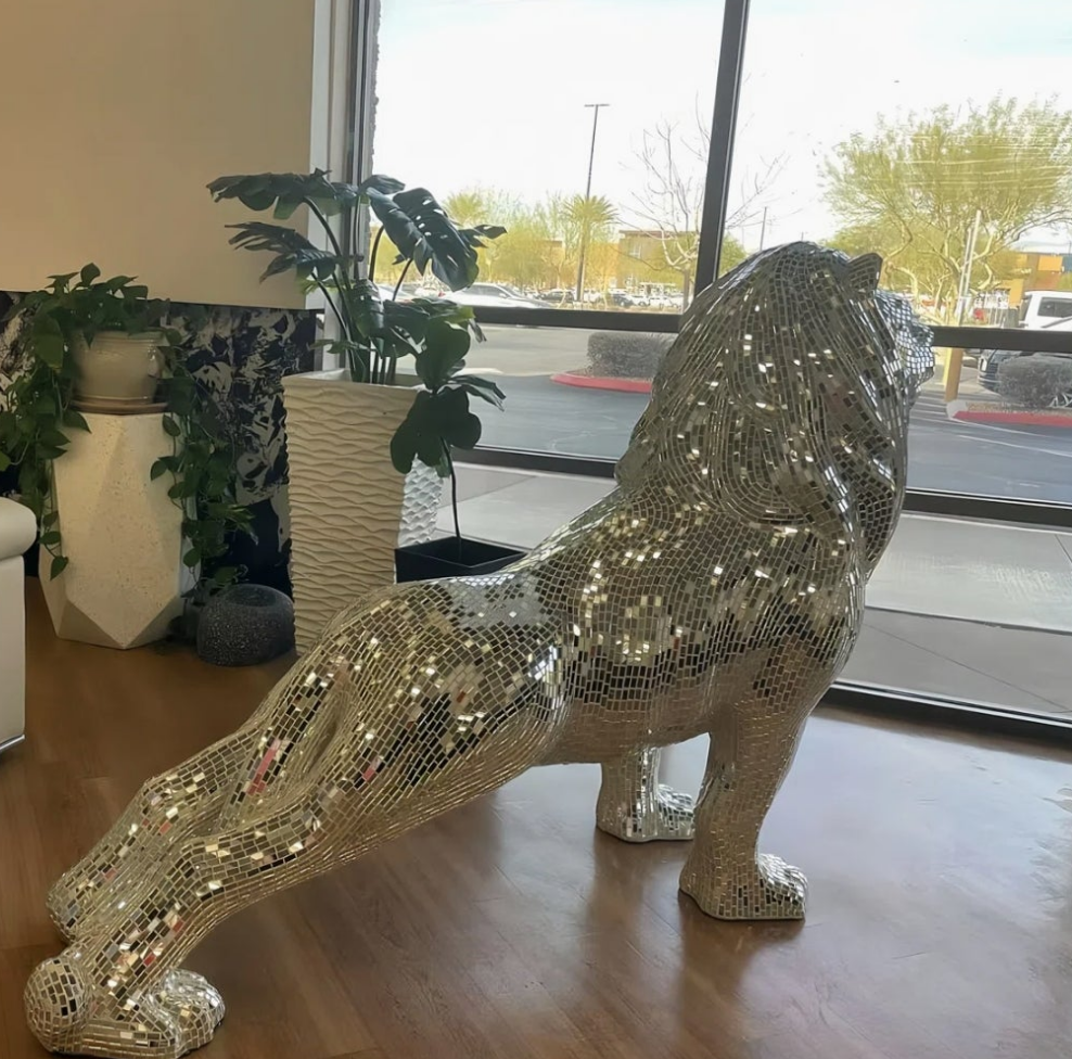 Silver Mirrored Lion Statue With mirrored Diamond Exterior