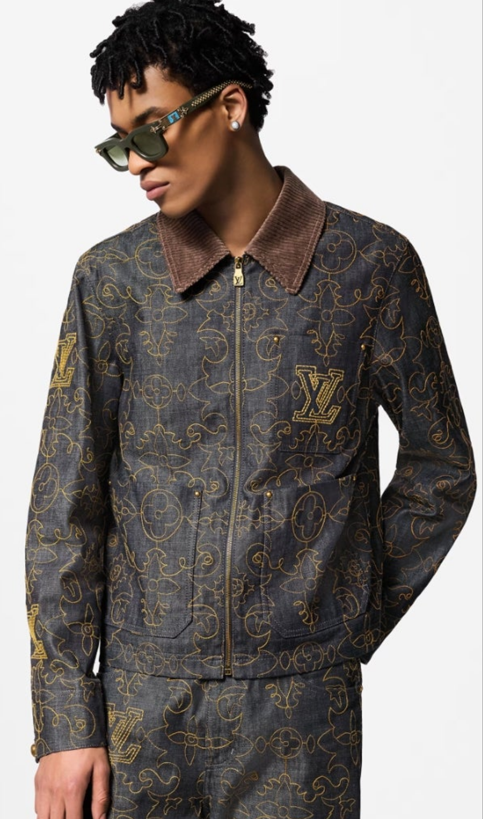 Louis Vuitton Embroidered Denim Jacket and Embroidered Denim Pants 2 piece outfit