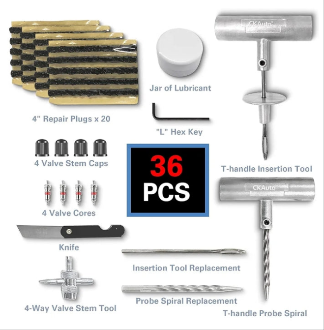 CKAuto Universal Tire Repair Kit, Heavy Duty Car Emergency Tool Kit for Flat Tire Puncture Repair, 36 Pcs Value Pack, Tire Plug Kit fit for Autos, Cars, Motorcycles, Trucks, RVs, etc.