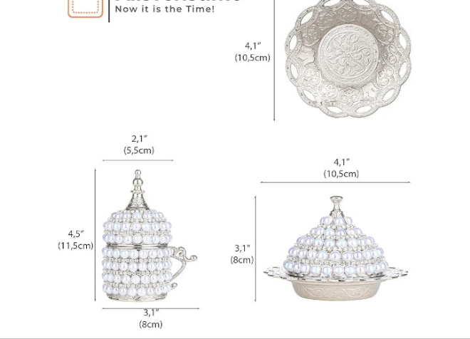 27 Pc Ottoman Turkish Greek Arabic Coffee Espresso Serving Set with Pearl Embellishments, Saucer and Sugar Dish (Silver)