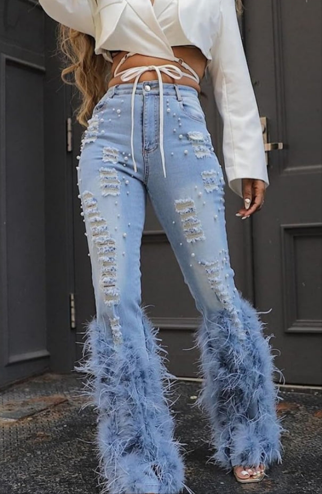 Pearl Feather Jeans Stretch Straight Leg Distressed Denim Pants