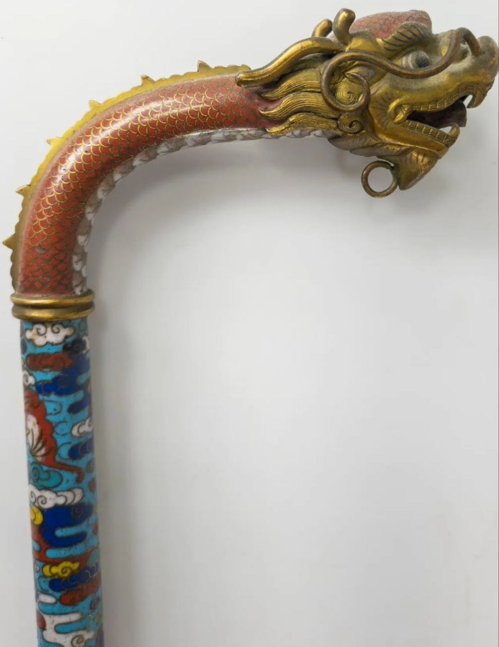 Rare 18th Century Chinese Cloisonne Enamel Gilt Bronze Dragon Cane Scepter
