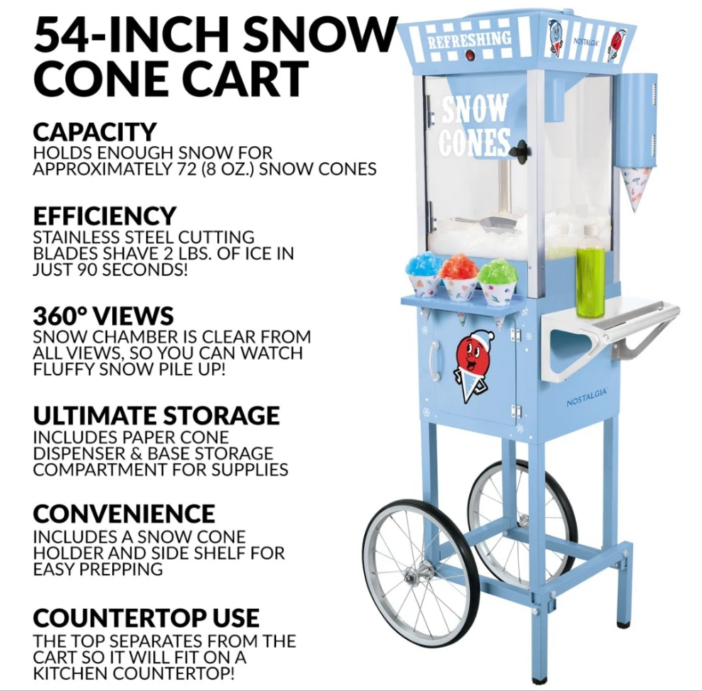 Tall Snow Cone Cart, Makes 72 Icy Treats, Includes Metal Scoop, 2 Syrup Bottles, 100 Paper Cups/Spoons, Storage Compartment, Wheels For Easy