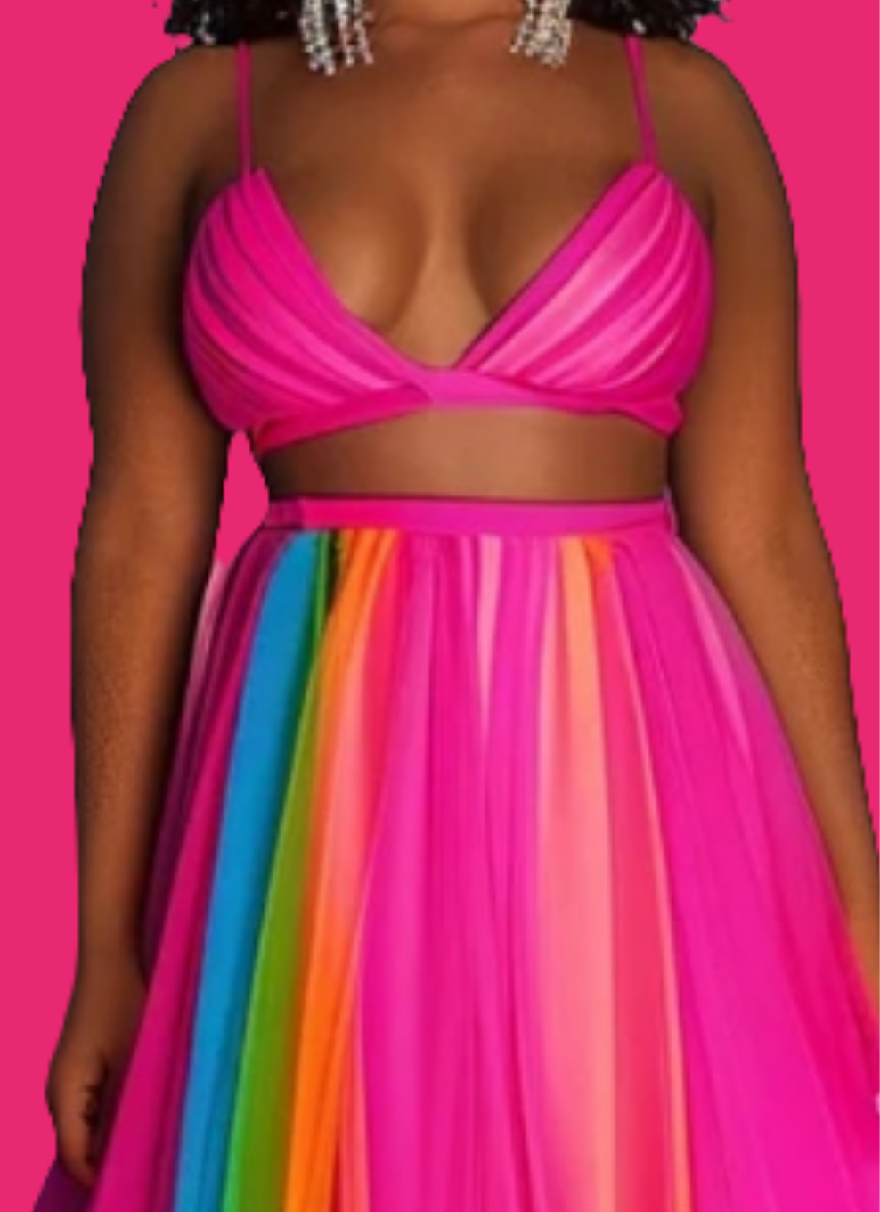 V Neck Cami Crop Top High Waist Maxi Skirt Matching Set-Fuchsia multicolor COCOMONEY