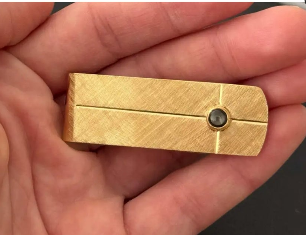 14K Solid Gold Satin Finish Money Clip with Black Star Sapphire