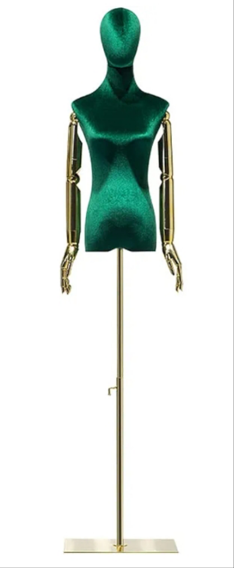 Rose Red Velvet Dress Form Mannequin, Woman Dark Shinning Velvet Half Body Torso with Golden Arms, 1 Color (Rose Red)