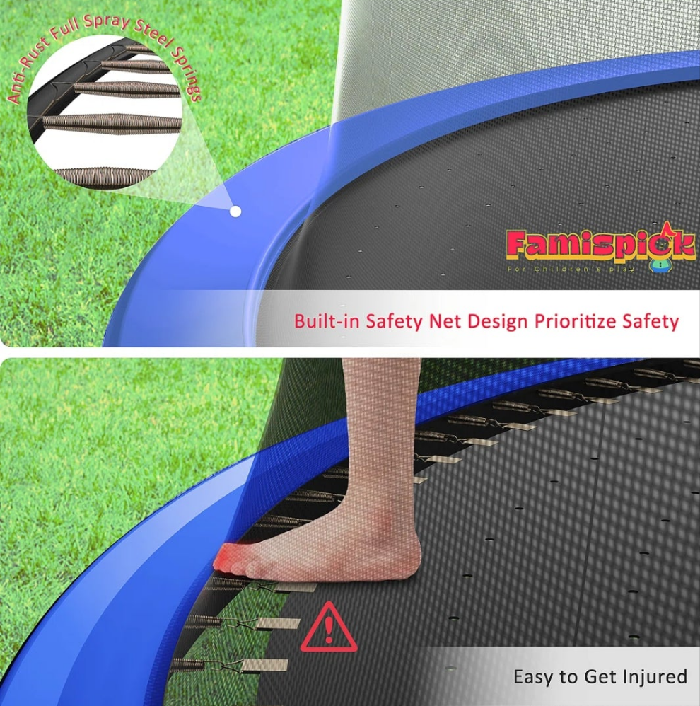 14FT Round Backyard Outdoor Trampoline with Safety Enclosure, Light, Sprinker, with accessories