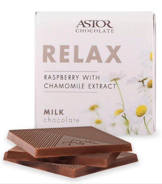 Chocolate Relax Milk Chocolate Chamomile Raspberry Squares Gift Set | Chocolate Lovers Mini Bar Box l 18pc Individually Wrapped Relaxing Belgian Bite Size Chocolate Basket | 0.33oz Each Minibar Gourmet Snack | Kosher Food Candy Holiday Bars