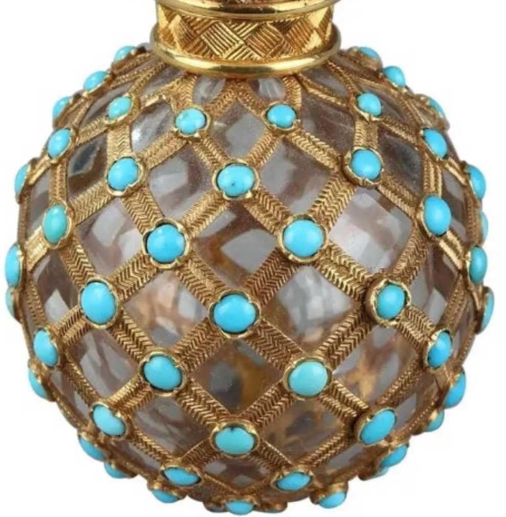 Gold, Crystal and Turquoise Perfume Flask Restauration Period 18k Gold