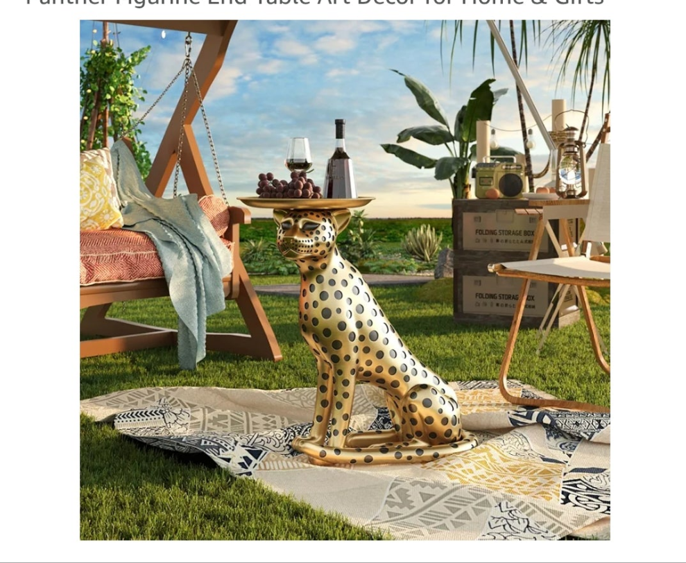 Leopard Statue Side Table with Tray Top– Gold Panther Figurine End Table Art Decor for Home & Gifts