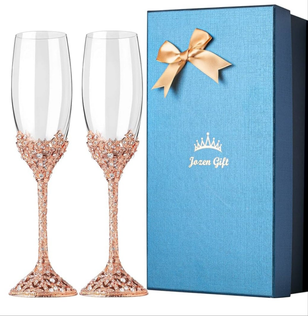 Crystal Glass Champagne Flutes Gold, Set of 2, 7oz GOLD PLATED
Gift, Metal Base, With Crystal Stones, Toasting Flute Pair, Wedding Anniversary Party Birthday Banquets, Gifts for Bride and Groom