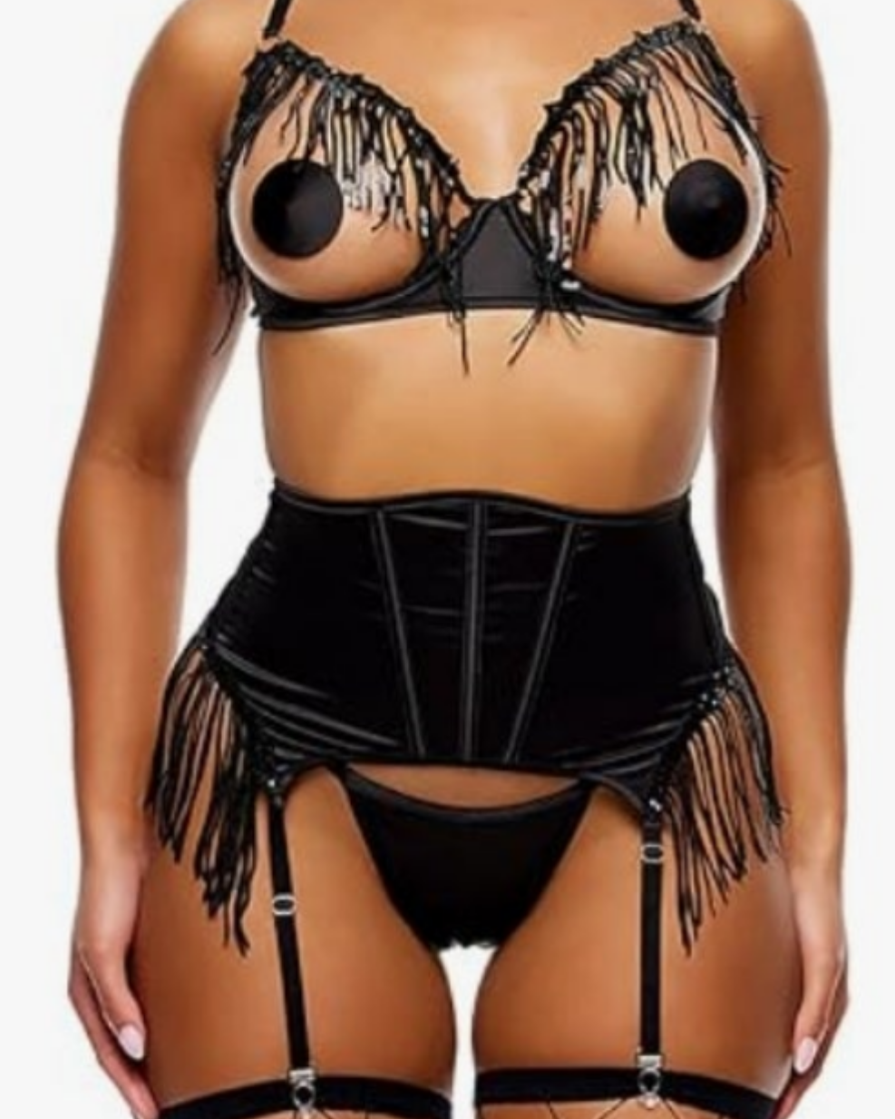 Peep Show Sequin Fringe Bra and Waist Cincher Lingerie Set Cocomoney