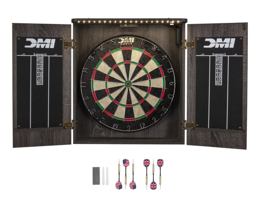 LED Lighted Bristle Dartboard and Cabinet Set with Darts accessories