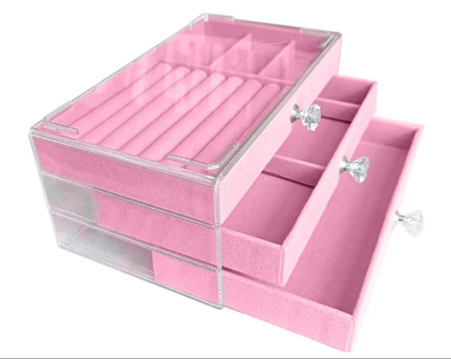 Clear Acrylic Velvet Jewelry Organizer with 3 Drawers, Stackable Display Storage Earrings Necklace Rings Bracelets Box Holder Case