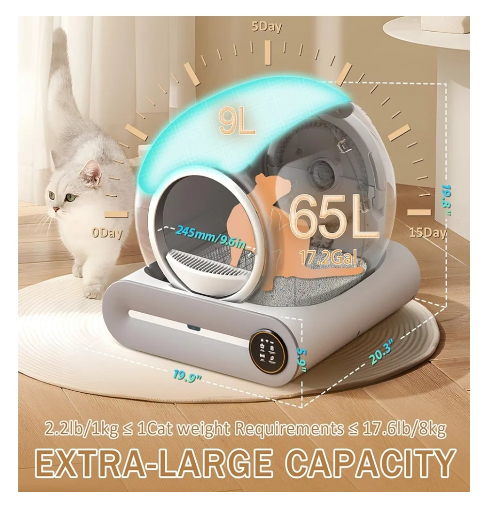 Self Cleaning Litter Box, Automatic Cat Litter Box Self Cleaning for Multiple Cats, 65L+9L Robot, 3 Rolls Grabage Bags, Negative ion Deodorization, APP Control, Toilet Monitoring