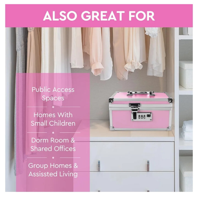Safe Locking Box With 6 Accessories, Aluminum Medicine Case for Home and Travel,Childproof Pill Box Organizer, Lock box for Valuables, 7.66''x 5.12''x 4.13'' (Pink Set)