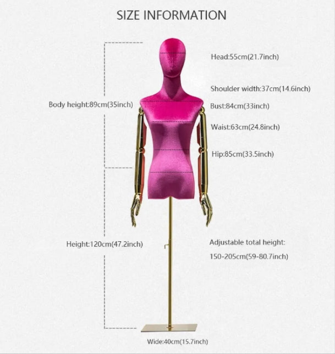 Rose Red Velvet Dress Form Mannequin, Woman Dark Shinning Velvet Half Body Torso with Golden Arms, 1 Color (Rose Red)
