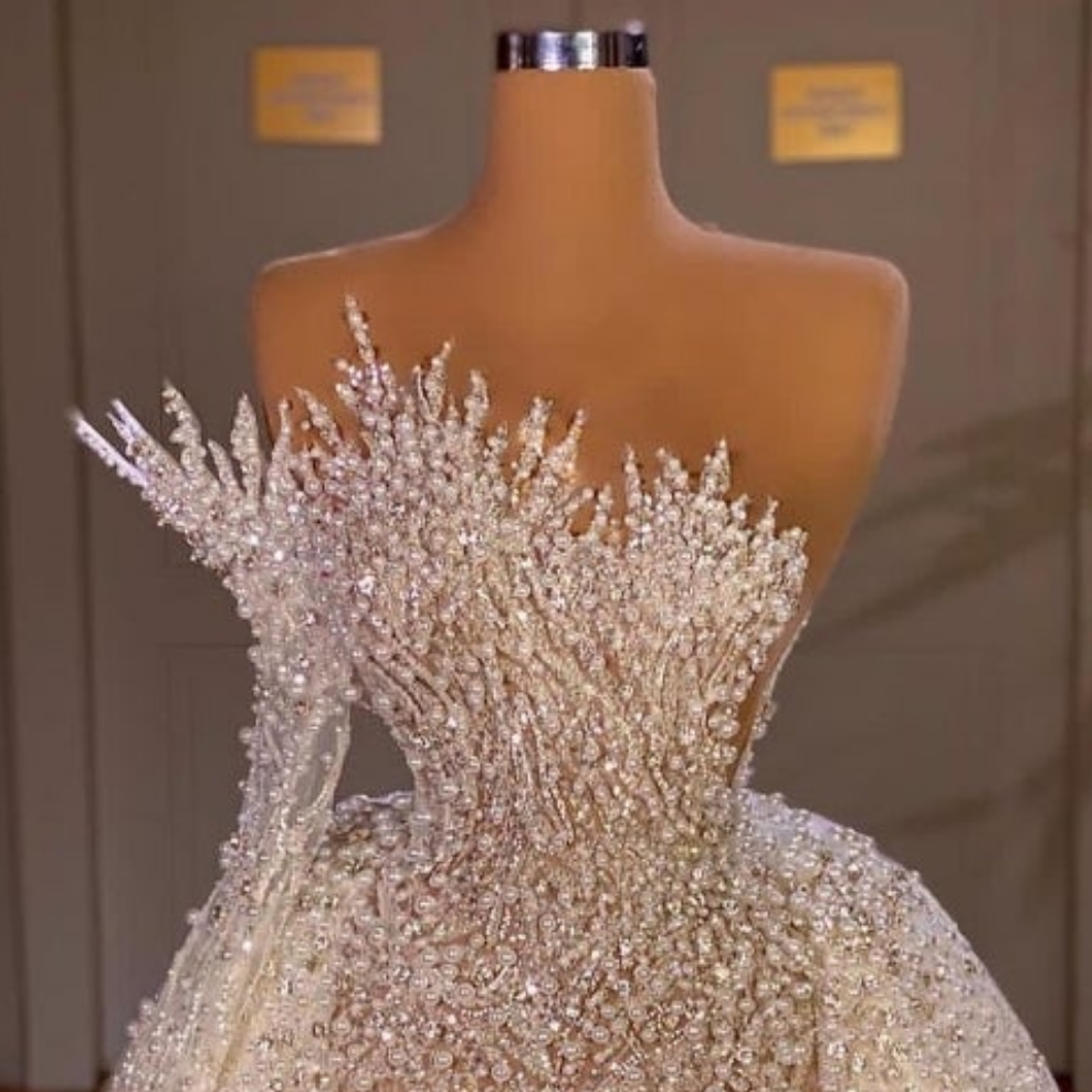 Stunning Long White One Shoulder A-line Beading Pearls Long Sleeve Weeding Dress With Train