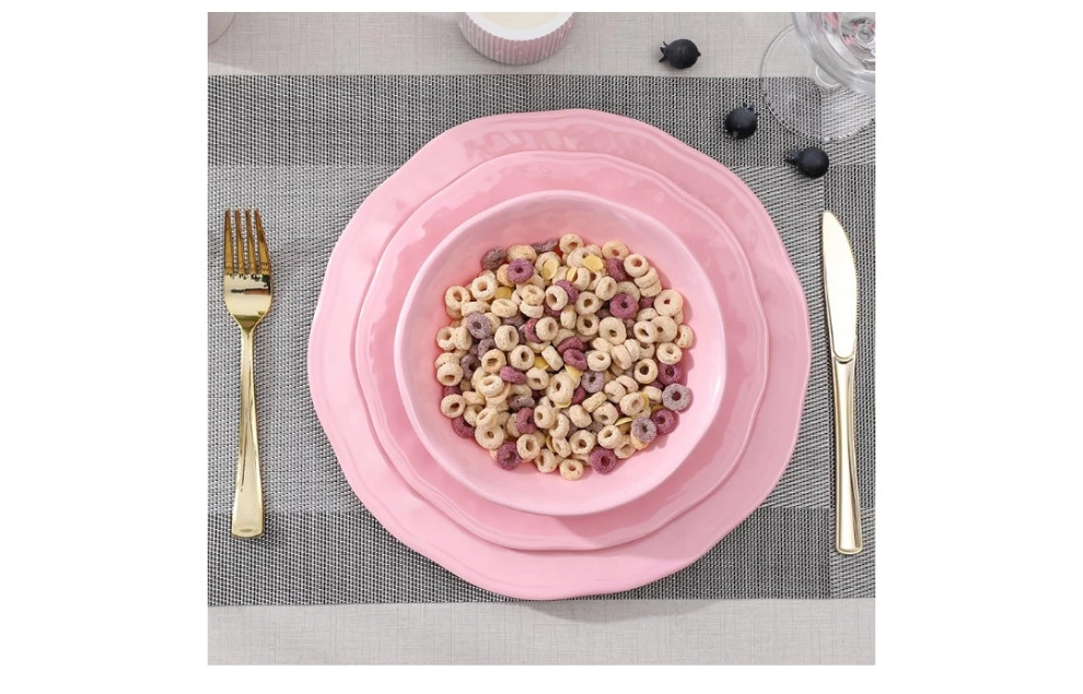 18 Piece Pink Dinnerware Set, Lightweight Kitchen Dining Plates and Bowls Set, Durable Melamine Dishes, Set of 6, Unbreakable RV Camping Dishes, Dishwasher Safe