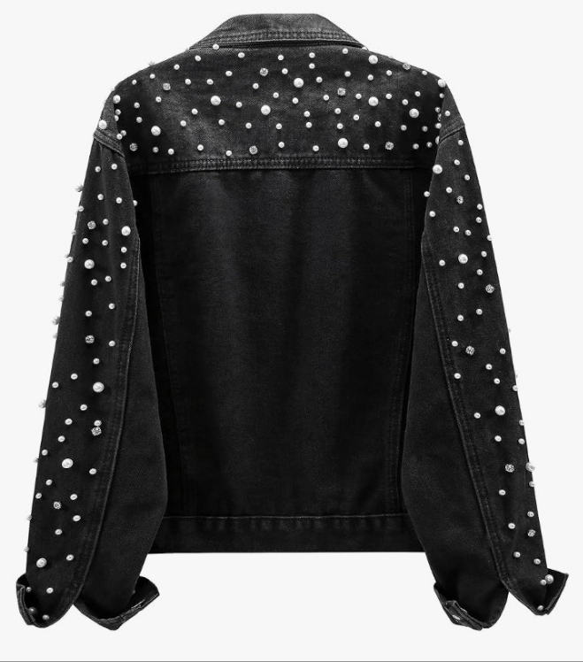 Pearls Denim Jacket Cropped Rhinestones Jean Jacket Coat
