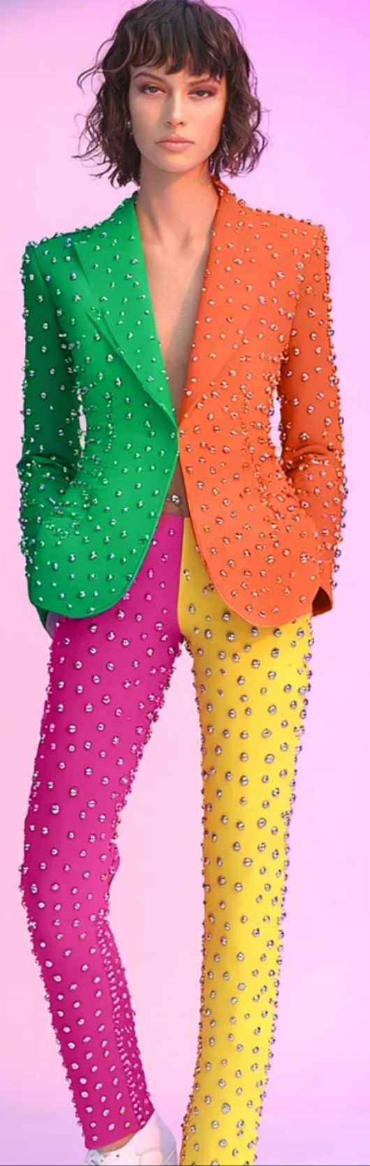 COCOMONEY Studded Multicolor Print Two Piece Pant Suit-Multicolor