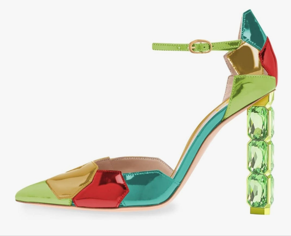 Shiny Crystal Heel Colorful Pointed Toe High Heel Ankle Strap Buckle